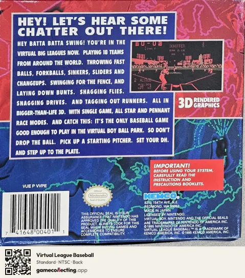 Virtual League Baseball Virtual Boy, NTSC box back