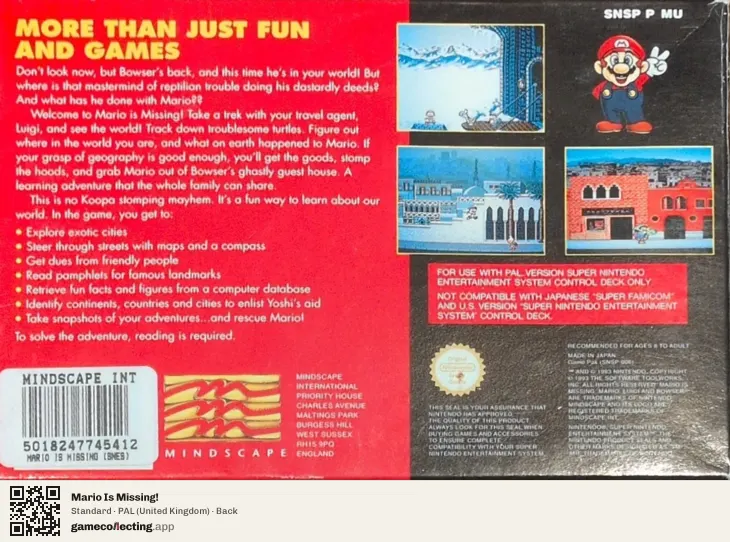 Mario Is Missing! Super Nintendo Entertainment System, United Kingdom box back