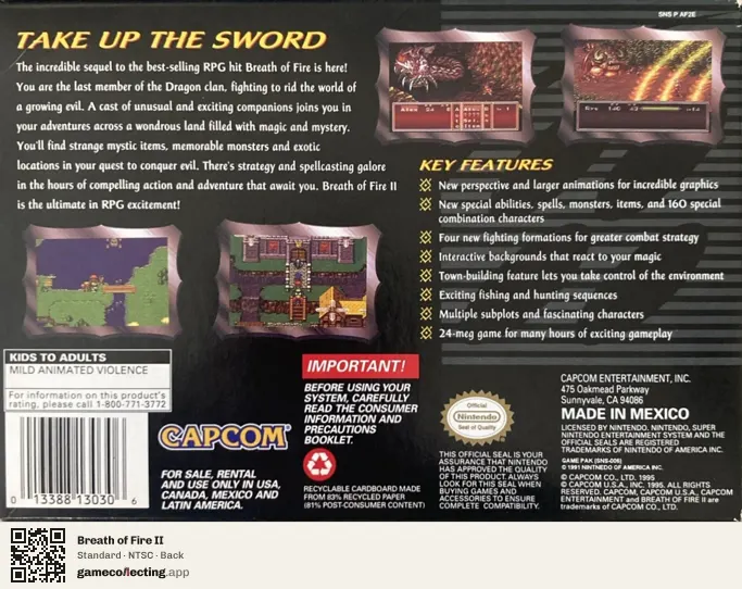 Breath of Fire II Super Nintendo Entertainment System, NTSC box back