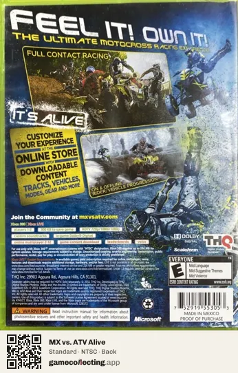 MX vs. ATV Alive Xbox 360, NTSC box back