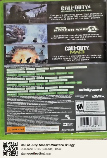 Call of Duty: Modern Warfare Trilogy Xbox 360, Canada box back
