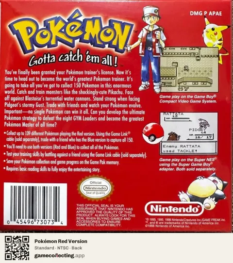 Pokémon Red Version Game Boy, NTSC box back