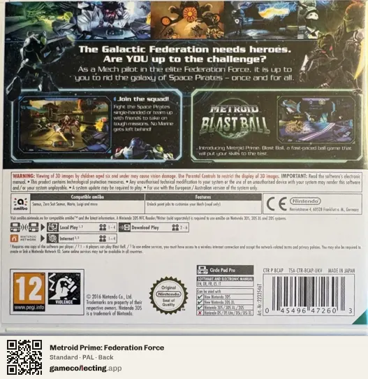 Metroid Prime: Federation Force Nintendo 3DS, PAL box back