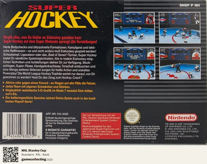 NHL Stanley Cup Super Nintendo Entertainment System, PAL box back