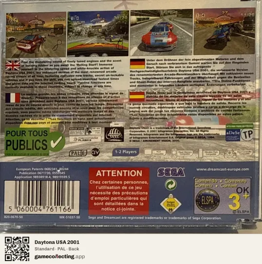 Daytona USA 2001 Sega Dreamcast, PAL box back