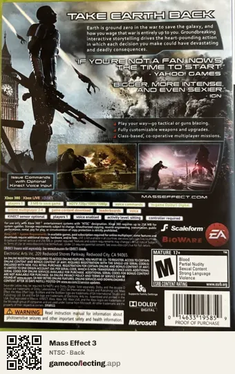 Mass Effect 3 Xbox 360, NTSC box back