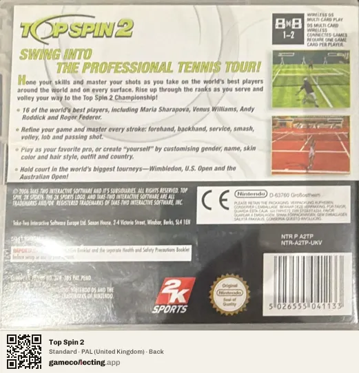 Top Spin 2 Nintendo DS, United Kingdom box back
