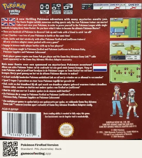 Pokémon FireRed Version Game Boy Advance, Australia box back