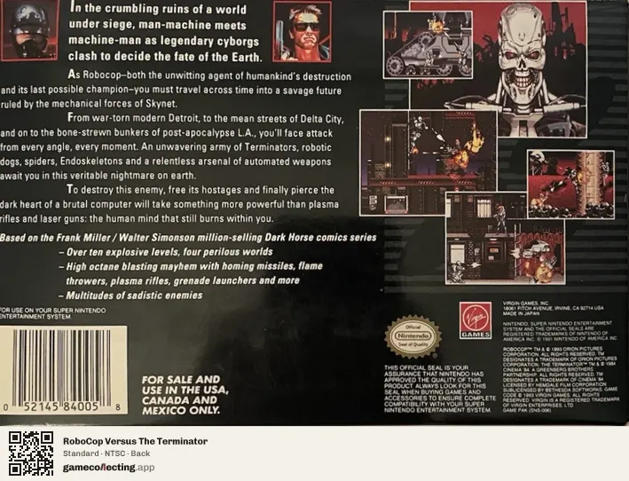 RoboCop Versus The Terminator Super Nintendo Entertainment System, NTSC box back