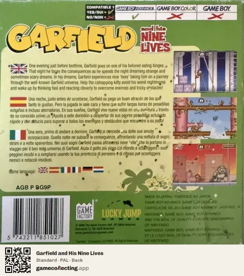 Garfield and His Nine Lives Game Boy Advance, PAL box back