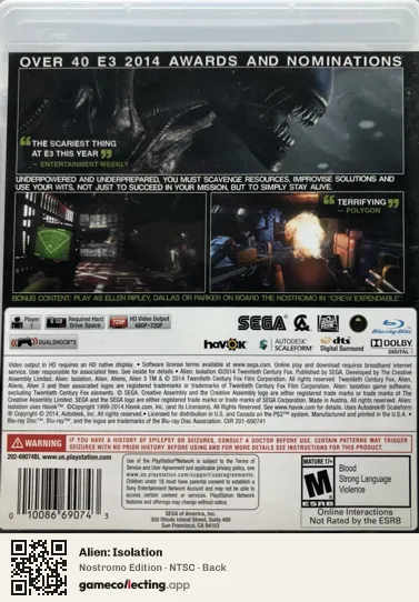 Alien: Isolation PlayStation 3, NTSC box back