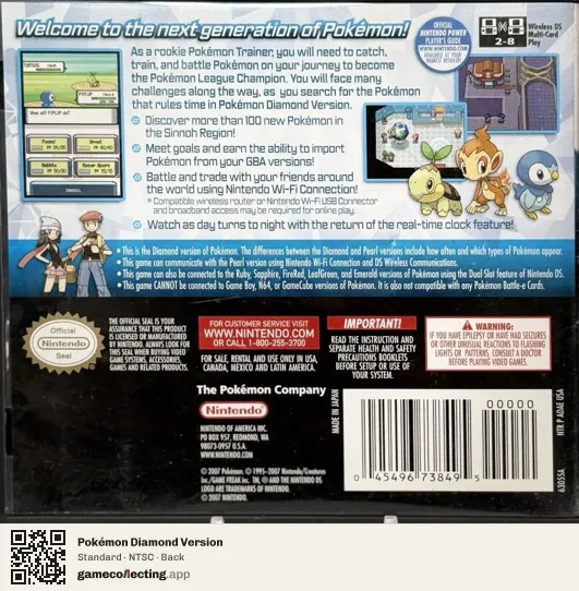 Pokémon Diamond Version Nintendo DS, NTSC box back