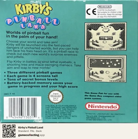 Kirby's Pinball Land Game Boy, PAL box back