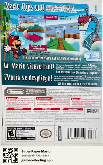 Super Paper Mario Nintendo Wii, PAL box back