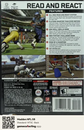 Madden NFL 08 Nintendo GameCube, NTSC box back