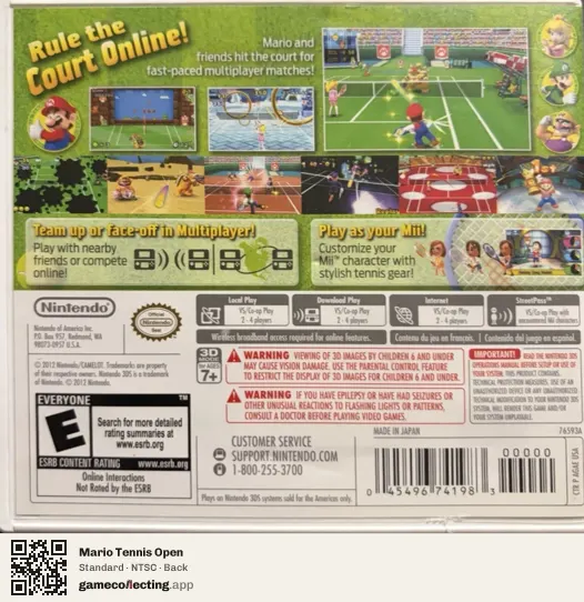 Mario Tennis Open Nintendo 3DS, NTSC box back