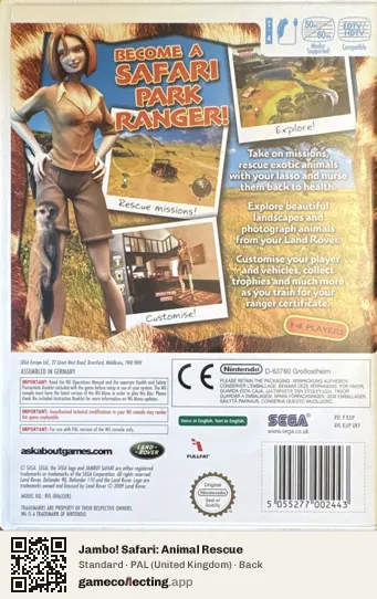 Jambo! Safari: Animal Rescue Nintendo Wii, United Kingdom box back