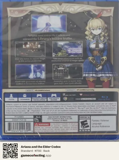 Ariana and the Elder Codex PlayStation 4, NTSC box back