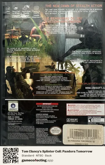 Tom Clancy's Splinter Cell: Pandora Tomorrow Nintendo GameCube, NTSC box back