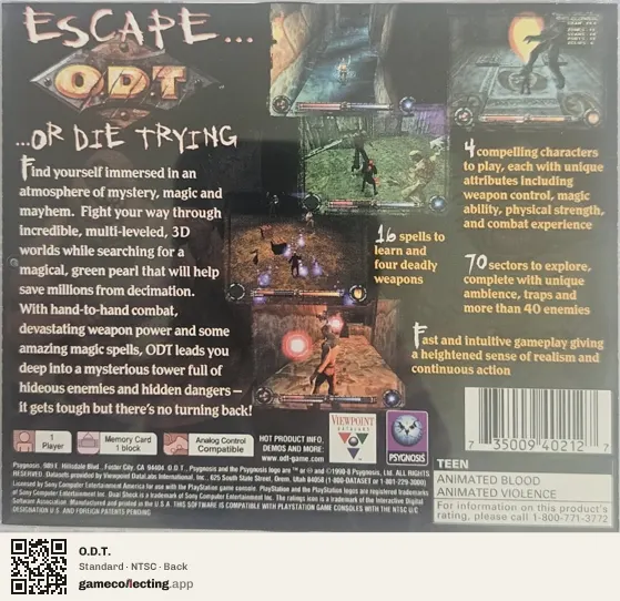 O.D.T. PlayStation, NTSC box back
