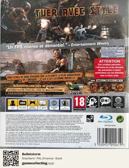 Bulletstorm PlayStation 3, France box back
