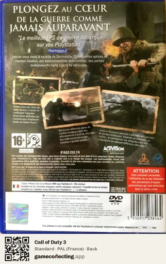 Call of Duty 3 PlayStation 2, France box back
