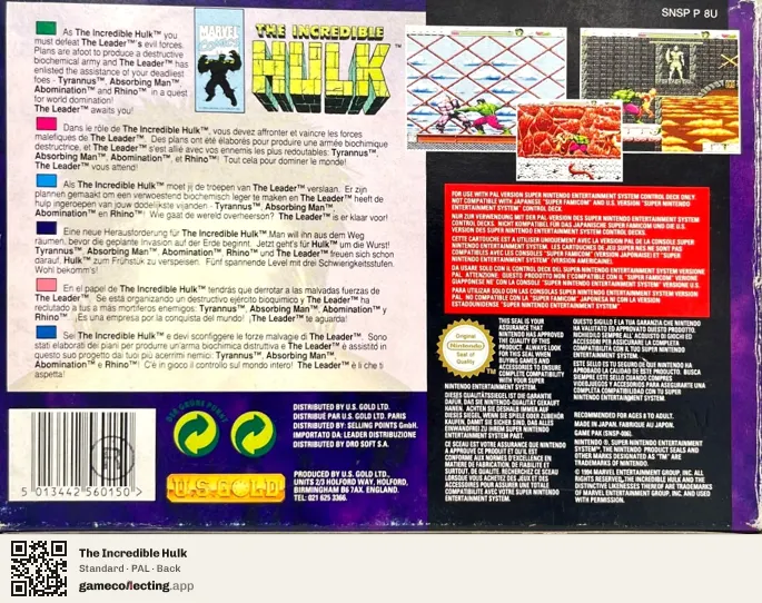 The Incredible Hulk Super Nintendo Entertainment System, PAL box back