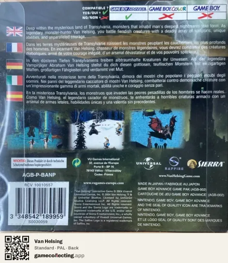 Van Helsing Game Boy Advance, PAL box back