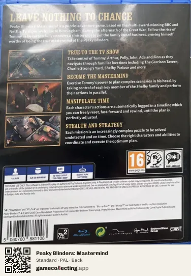 Peaky Blinders: Mastermind PlayStation 4, PAL box back