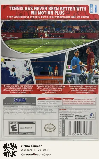 Virtua Tennis 4 Nintendo Wii, NTSC box back