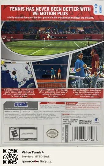 Virtua Tennis 4 Nintendo Wii, NTSC box back
