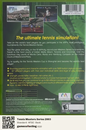 Tennis Masters Series 2003 Xbox, NTSC box back