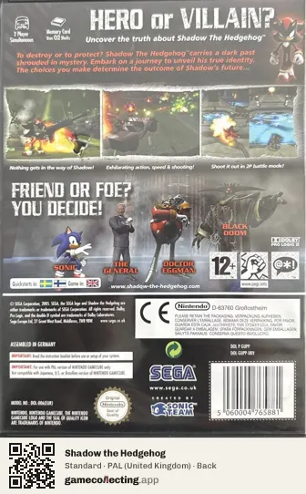 Shadow the Hedgehog Nintendo GameCube, United Kingdom box back