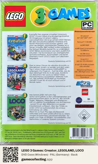 LEGO 3 Games: Creator, LEGOLAND, LOCO Computer, Germany box back