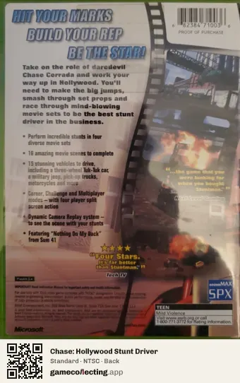 Chase: Hollywood Stunt Driver Xbox, NTSC box back