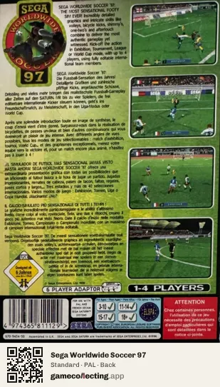 Sega Worldwide Soccer 97 Sega Saturn, PAL box back