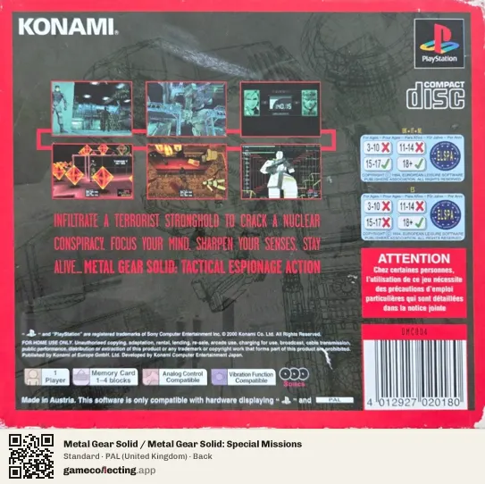 Metal Gear Solid / Metal Gear Solid: Special Missions PlayStation, United Kingdom box back