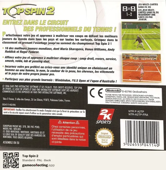Top Spin 2 Nintendo DS, PAL box back