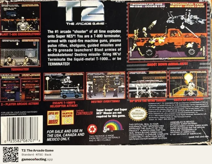 T2: The Arcade Game Super Nintendo Entertainment System, NTSC box back