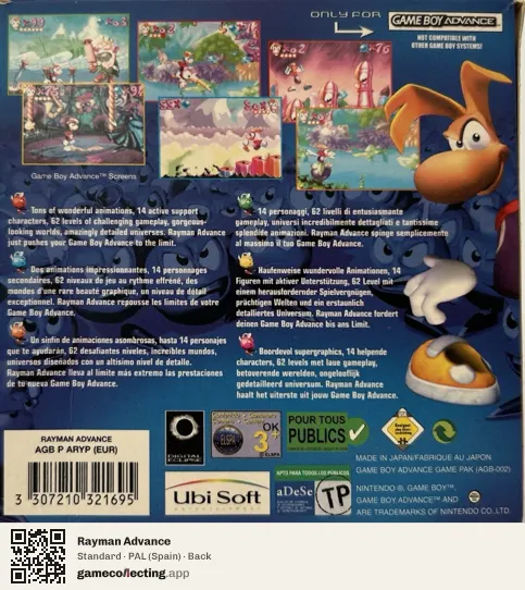 Rayman Advance Game Boy Advance, Spain box back