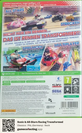 Sonic & All-Stars Racing Transformed Xbox 360, Germany box back