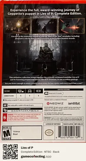 Lies of P Nintendo Switch 2, NTSC box back