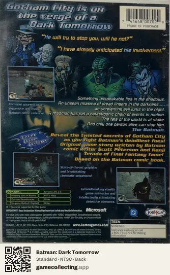 Batman: Dark Tomorrow Xbox, NTSC box back