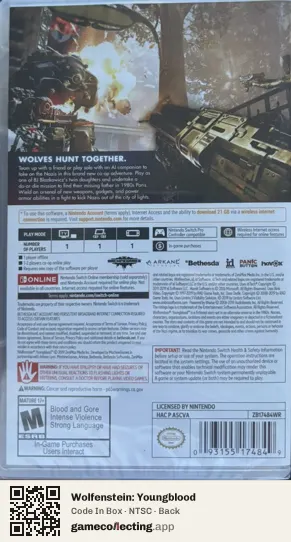 Wolfenstein: Youngblood Nintendo Switch, NTSC box back