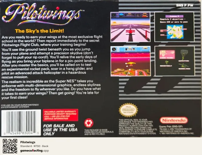Pilotwings Super Nintendo Entertainment System, NTSC box back