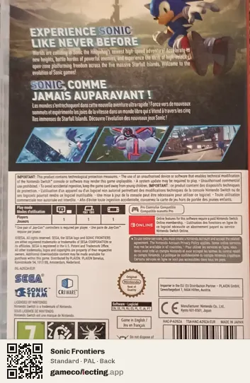 Sonic Frontiers Nintendo Switch, PAL box back