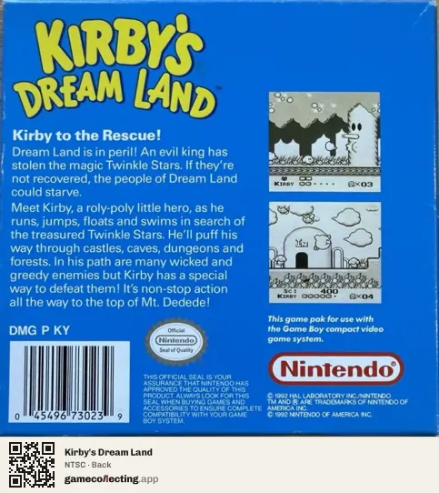 Kirby's Dream Land Game Boy, NTSC box back