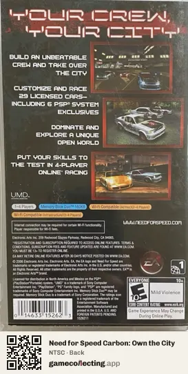 Need for Speed Carbon: Own the City PlayStation Portable, NTSC box back