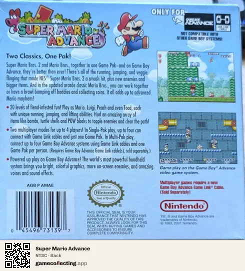 Super Mario Advance Game Boy Advance, NTSC box back
