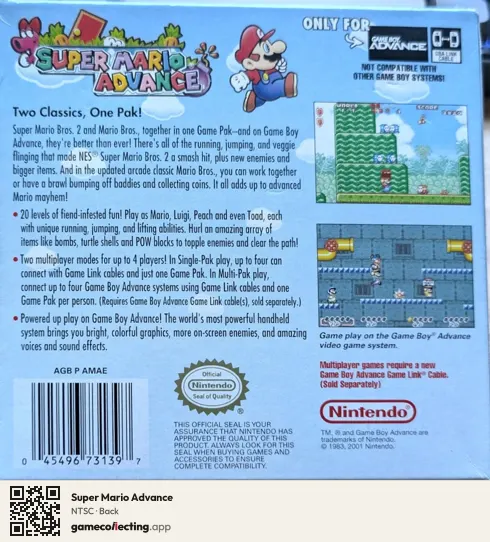 Super Mario Advance Game Boy Advance, NTSC box back